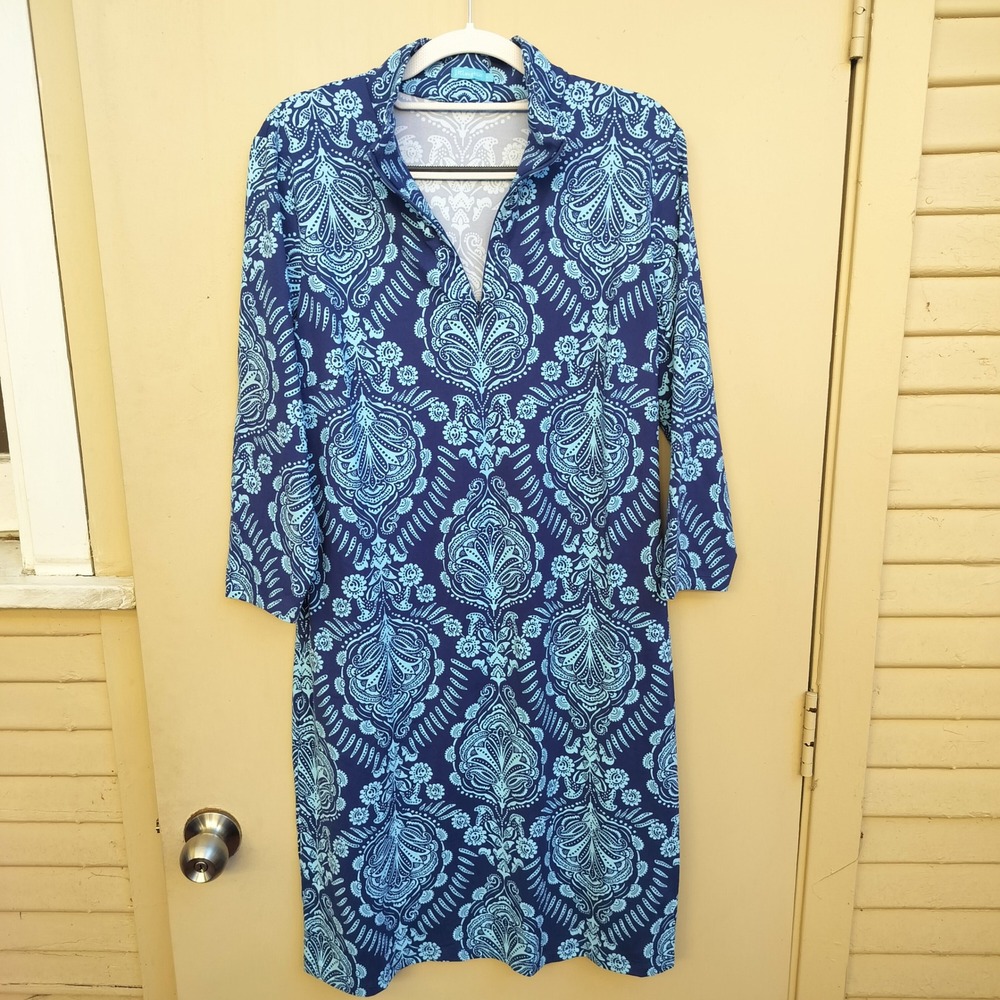 J McLaughlin Blue Paisley Print Mock Neck Midi Dress Size‎ Large